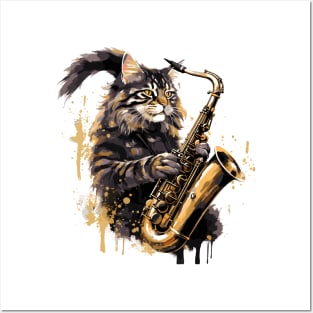 Maine Coon Cat Playing Saxophone Posters and Art